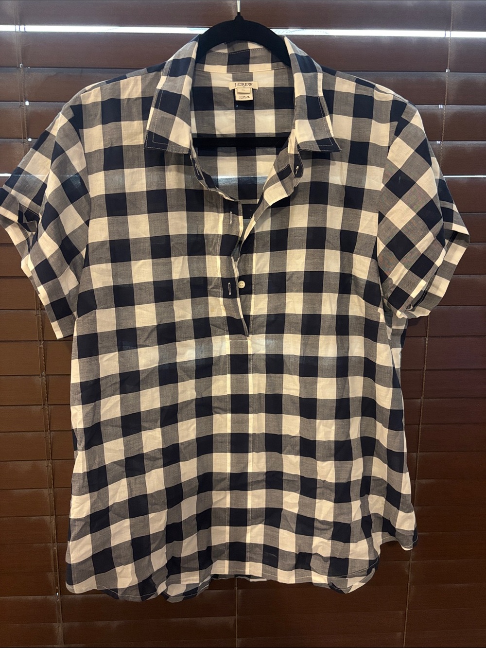J. Crew Factory Navy and White Gingham Short-Sleeve Shirt